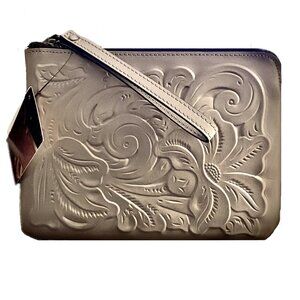 Patricia Nash Tooled Leather Cassini Wristlet, Stone Gray Color  NWT